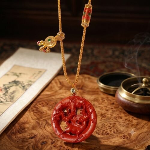 花开 H179 Cinnabar Necklace: Blooming Deer Cinnabar Talisman